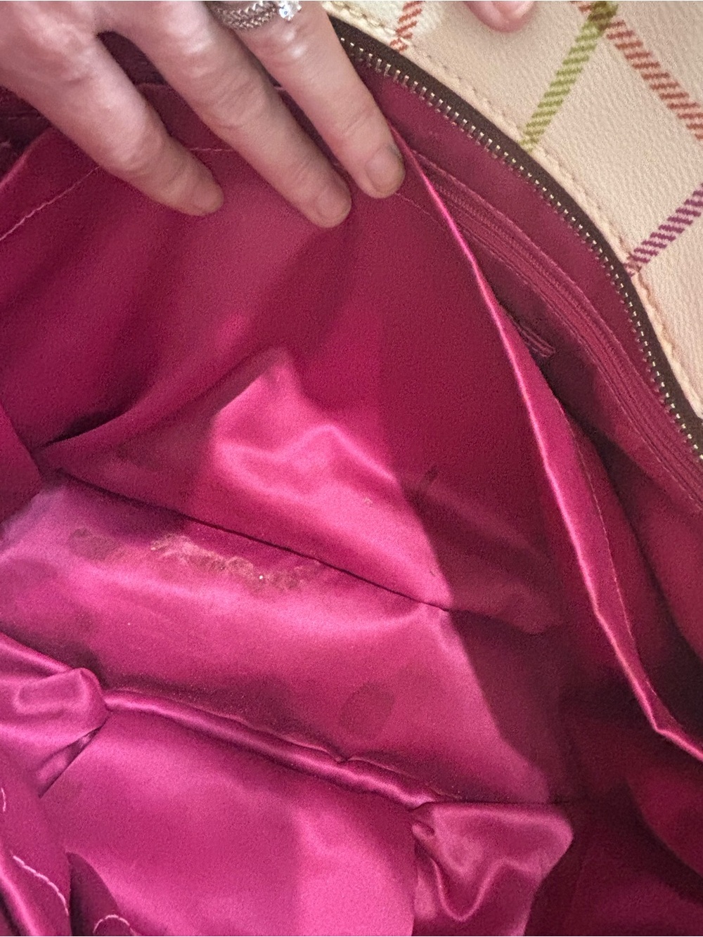 Coach Cream Plaid Canvas Tote with Pink Center Stripe and Tan Trim - Picture 13 of 14